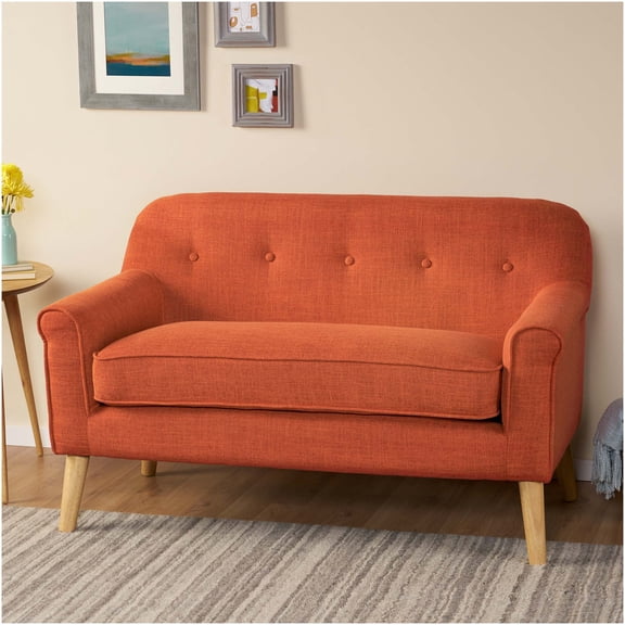 Orange Fabric Loveseat Sofa for Living Room, Modern Two-Seater Couch with Tufted Back and Rolled Arms