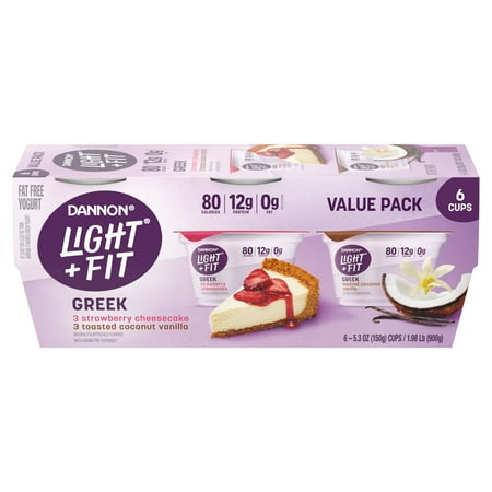 Dannon Light + Fit Strawberry Cheesecake and Toasted Coconut Vanilla Flavored Greek Fat Free Yogurt Pack, 5.3 oz, 6 Count