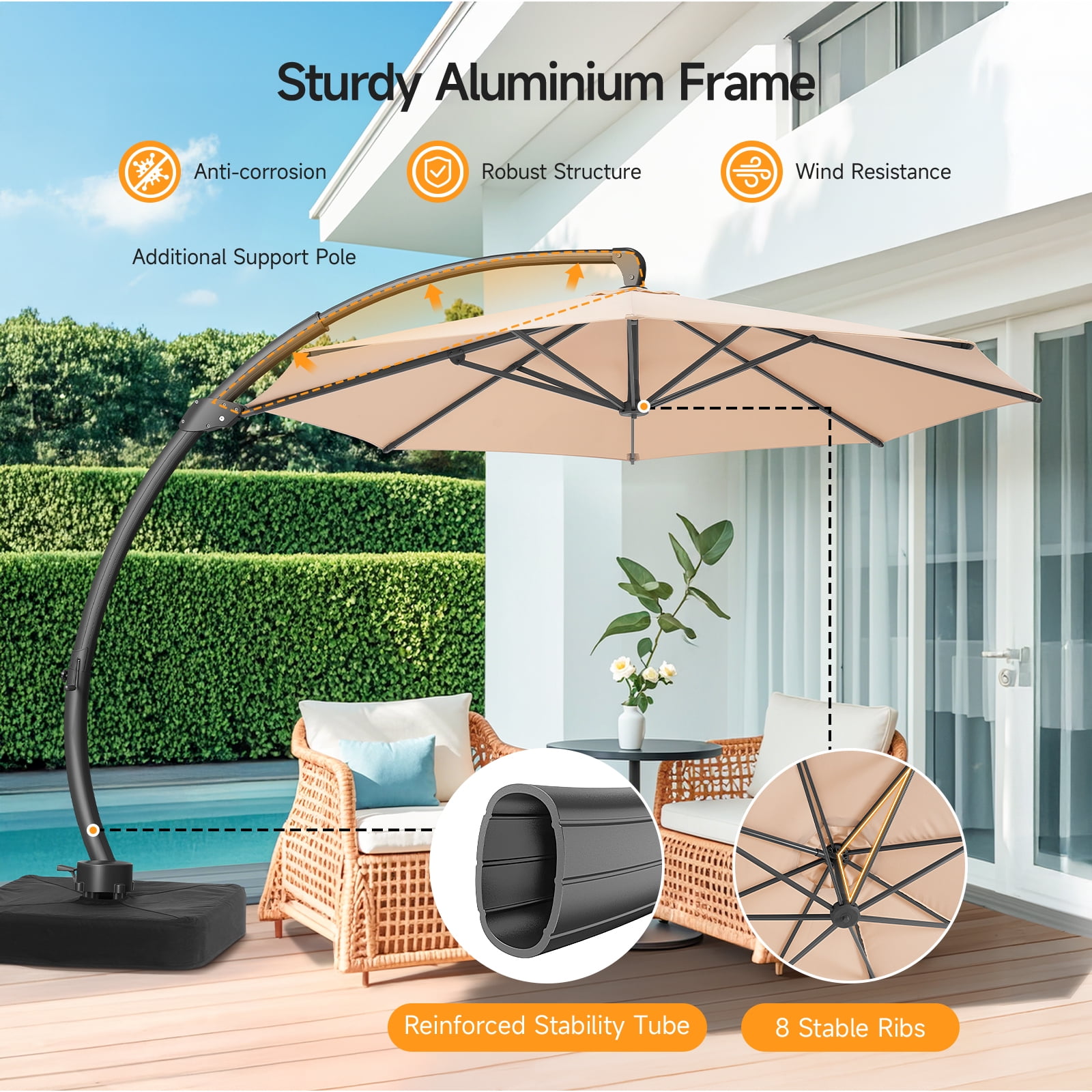 Dovov 11ft Patio Umbrella with Base, Aluminum Deluxe Round Curvy Cantilever Umbrella Large 360° Rotation Offset Hanging Outdoor Market Umbrellas for Lawn Garden Deck Backyard Pool, Champagne