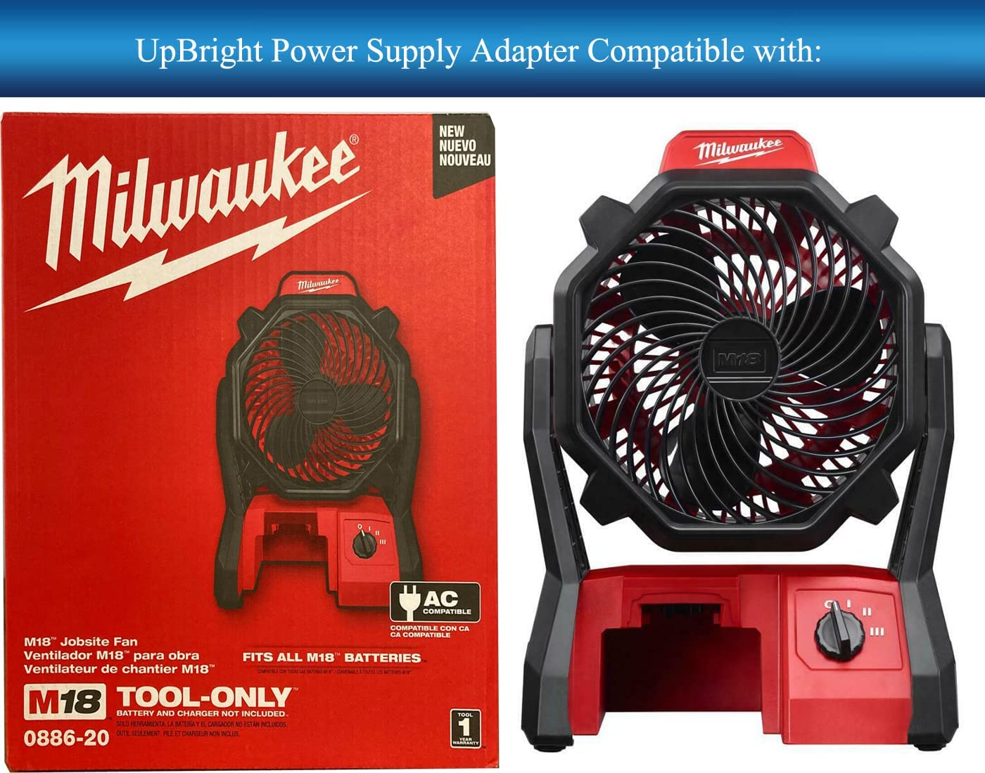 UpBright AC/DC Adapter Compatible with Milwaukee 0886-20 M18 18V 2,350-Rpm  Adjustable 18-Volt Lithium-Ion Cordless Jobsite Fan 23-81-0701  E045-1H180250HU HK-X145-A18 Power Supply Battery Charger
