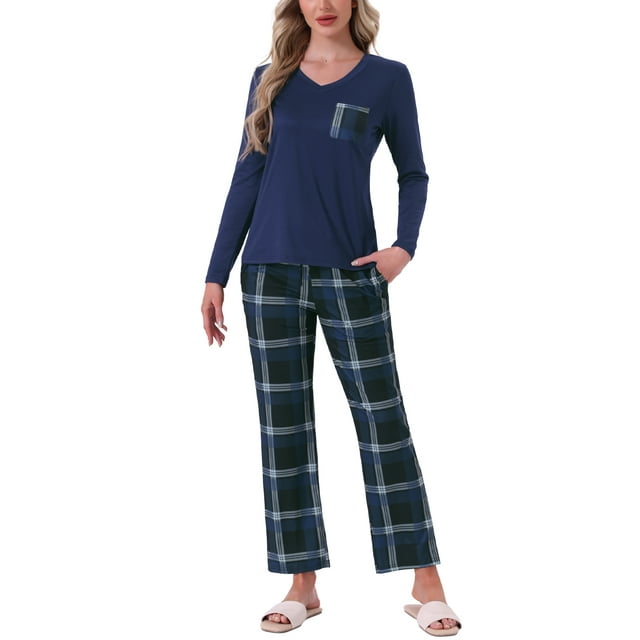 Conjunto de pijamas para mujer INSPIRE CHIC de manga larga, pijamas de cuadros suaves, conjuntos de lounge con bolsillos XL azul