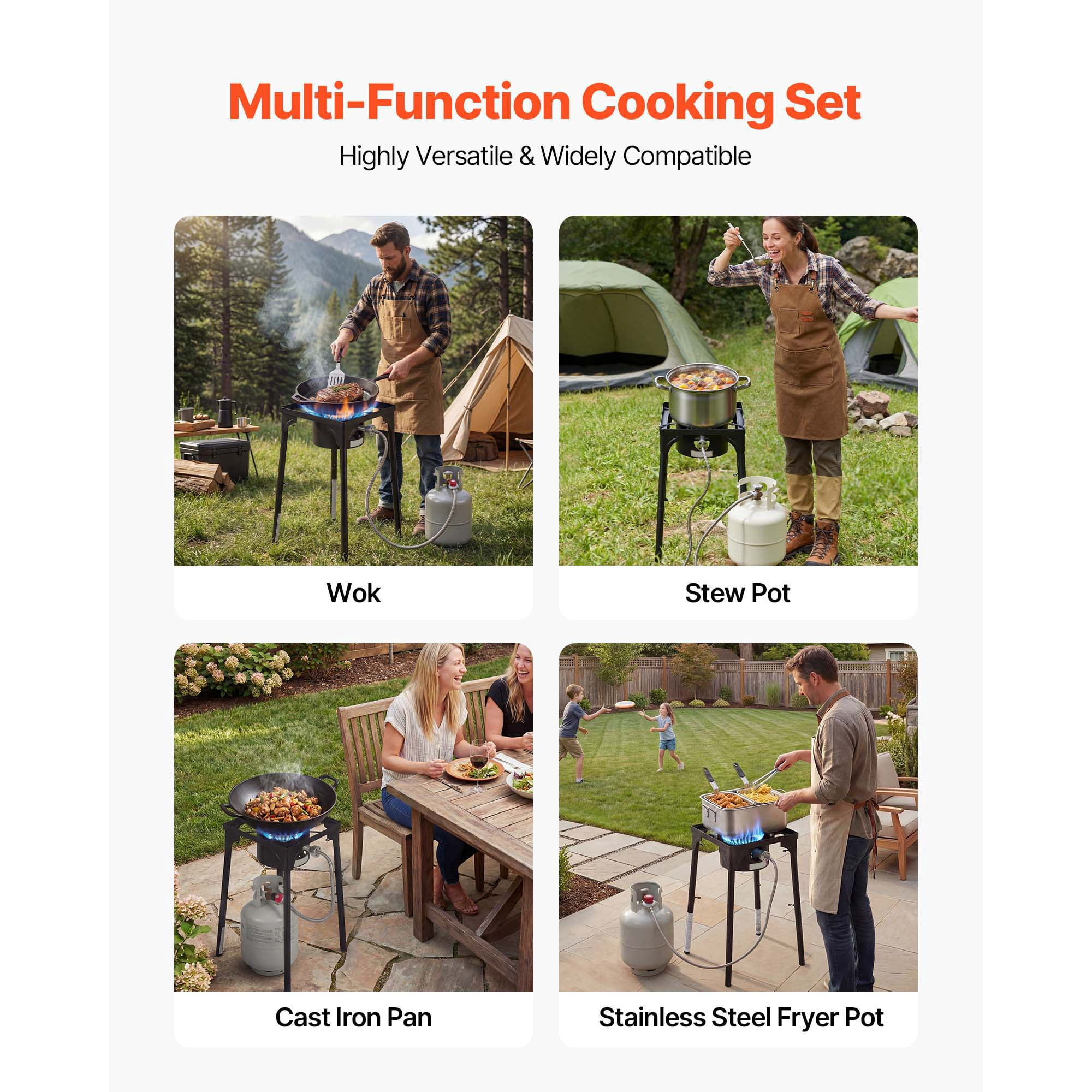 KFFKFF Single Burner Outdoor Propane Gas Stove, 100,000 BTU LPG Camping Cooker, Durable Carbon Steel Design with Stand & Regulator, Ideal for BBQs, Camping, Patio, RV, and Home Cooking