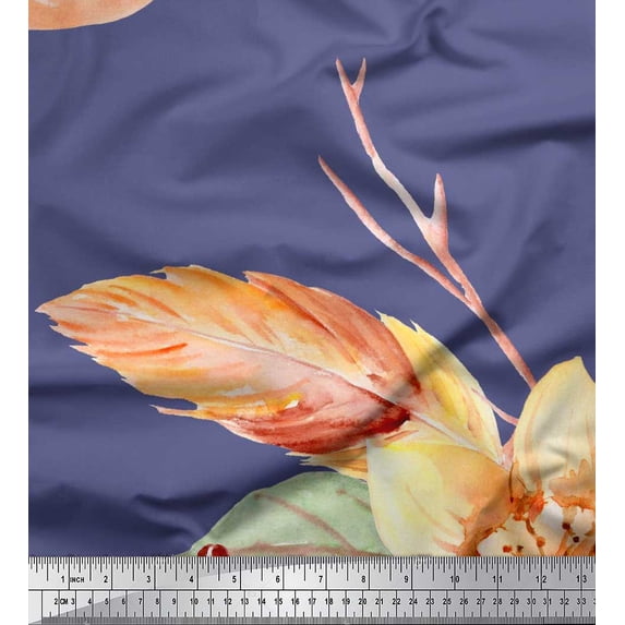 Soimoi Purple Poly Georgette Fabric Leaves & Peach Floral Decor Fabric Printed BTY 42 Inch Wide