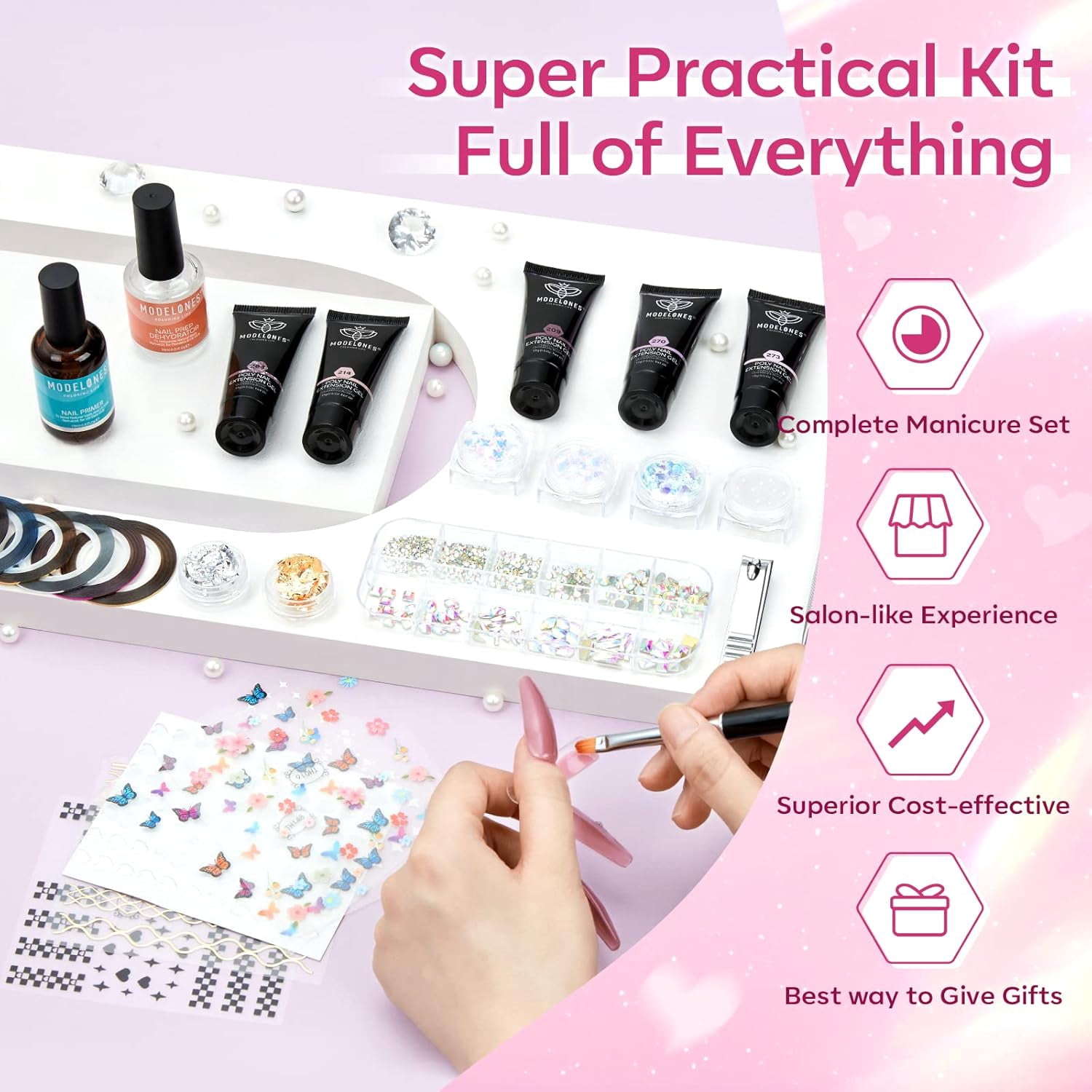 Modelones Poly Nail Gel Kit 8 Rosy Pink Colors with 48W LED Nail Lamp Poly Extension Gel Complete Nail Art Tools Professional Starter Manicure Kit Supplies Rhinestone GlittersBeauty Gift DIY at Home
