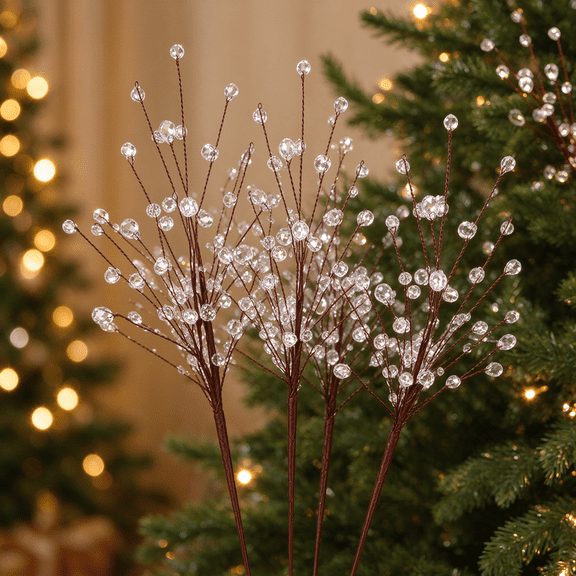 4 Pcs Acrylic Crystal Christmas Tree Picks, 11.8 Inch with Bead Drop, Sparkling Holiday Picks for Wreath Garland Centerpiece Wedding Decor