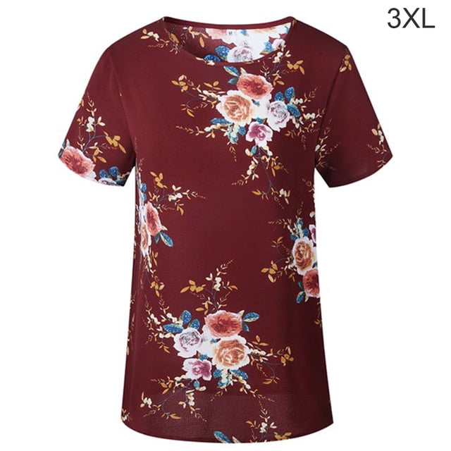 Camiseta de mujer con estampado floral, manga corta, cuello redondo, blusa informal, rojo vino, 3XL Noticed AP001919-12