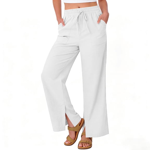 Lyanj Linen Pants Women Wide Leg Trendy Pull on Elastic Waist Pants Lightweight Side Slit Beach Vacation Palazzo Pants S-4XL