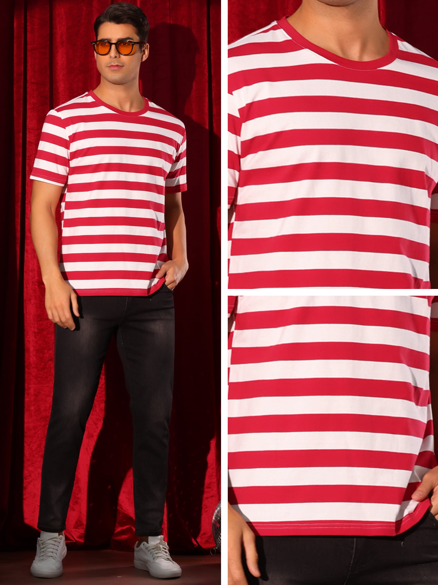 DARING DIVA Men's Striped Short Sleeve Crew Neck Casual Stripes T Shirt XL Red White