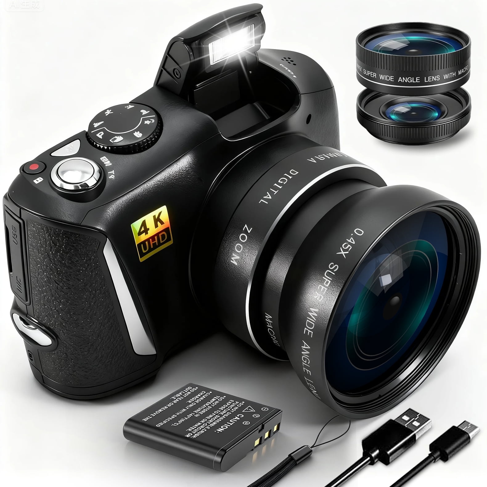 Digital Camera with Macro & Wide Angle Lens 48MP 4K Autofocus Vlogging Camera for Photography 3.0 Inch Screen Compact Camera for Beginners Teens with Rechargeable Battery