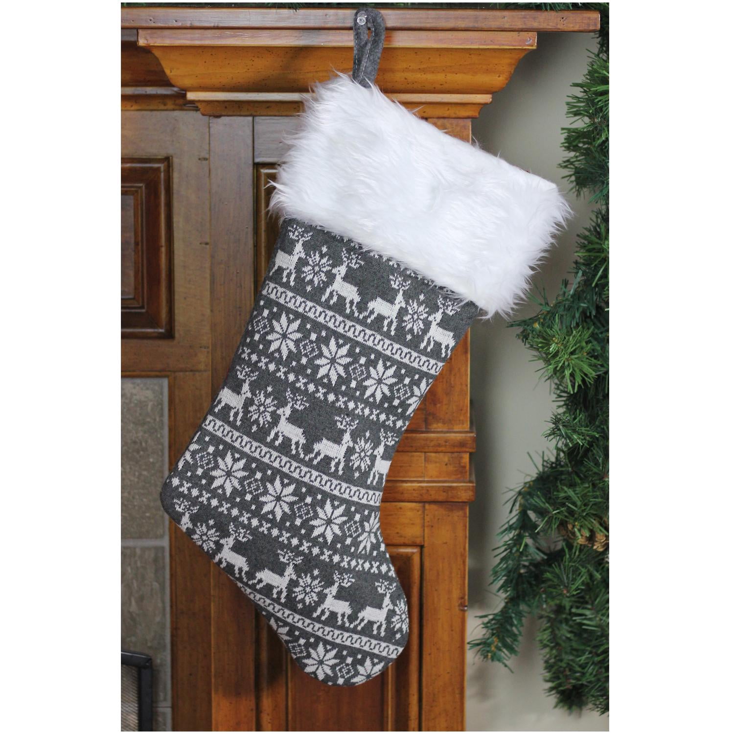 19.5" Gray and White Reindeer and Snowflake Knit Christmas Stocking with Faux Fur Cuff
