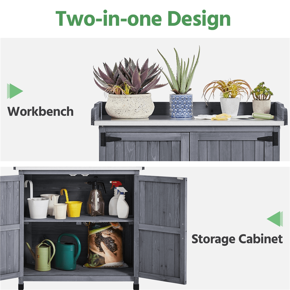 Renwick Garden Potting Bench Table with Cabinet, Gray