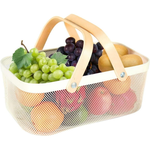 White Multi-Functional Mesh Storage Basket,Portable Picking Baskets,Fruit Vegetables Picking Baskets,Metal Wire Basket for Kitchen Garden Picnic Cabinet