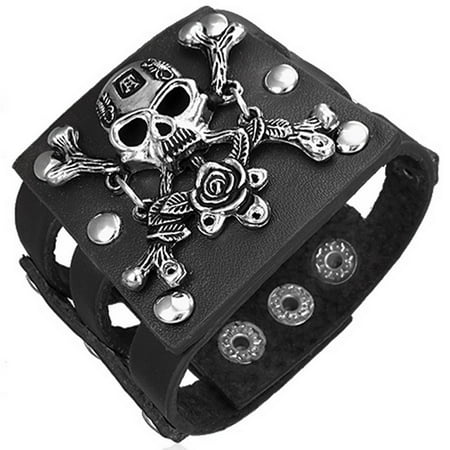 Black Leather Alloy Rose Pirate Skull Crossbones Snap Wristband Mens Bracelet