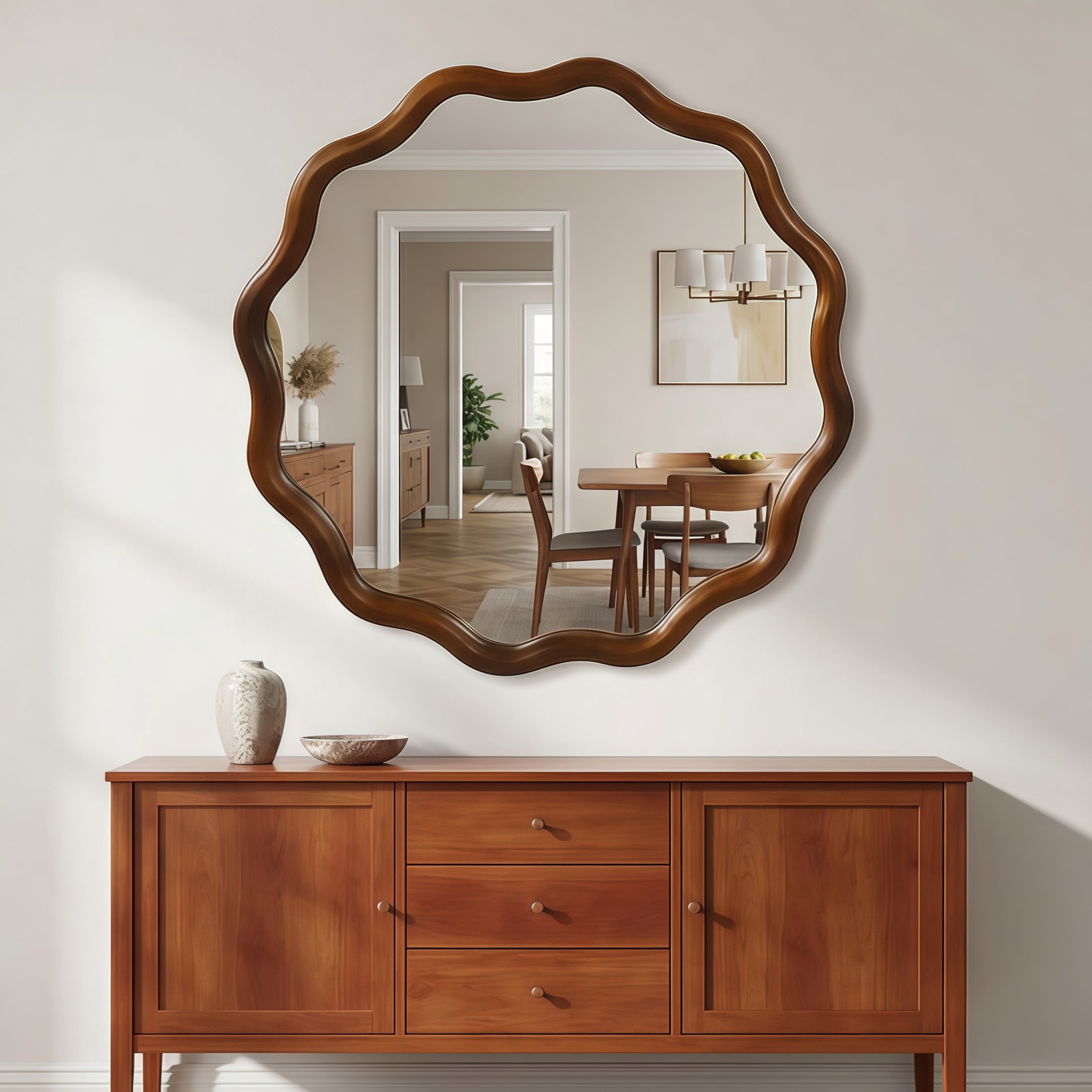 Noble House 24" Wavy Round Wall Mirror, Asymmetrical Solid Wood Decorative Accent Mirror for Entryway, Walnut