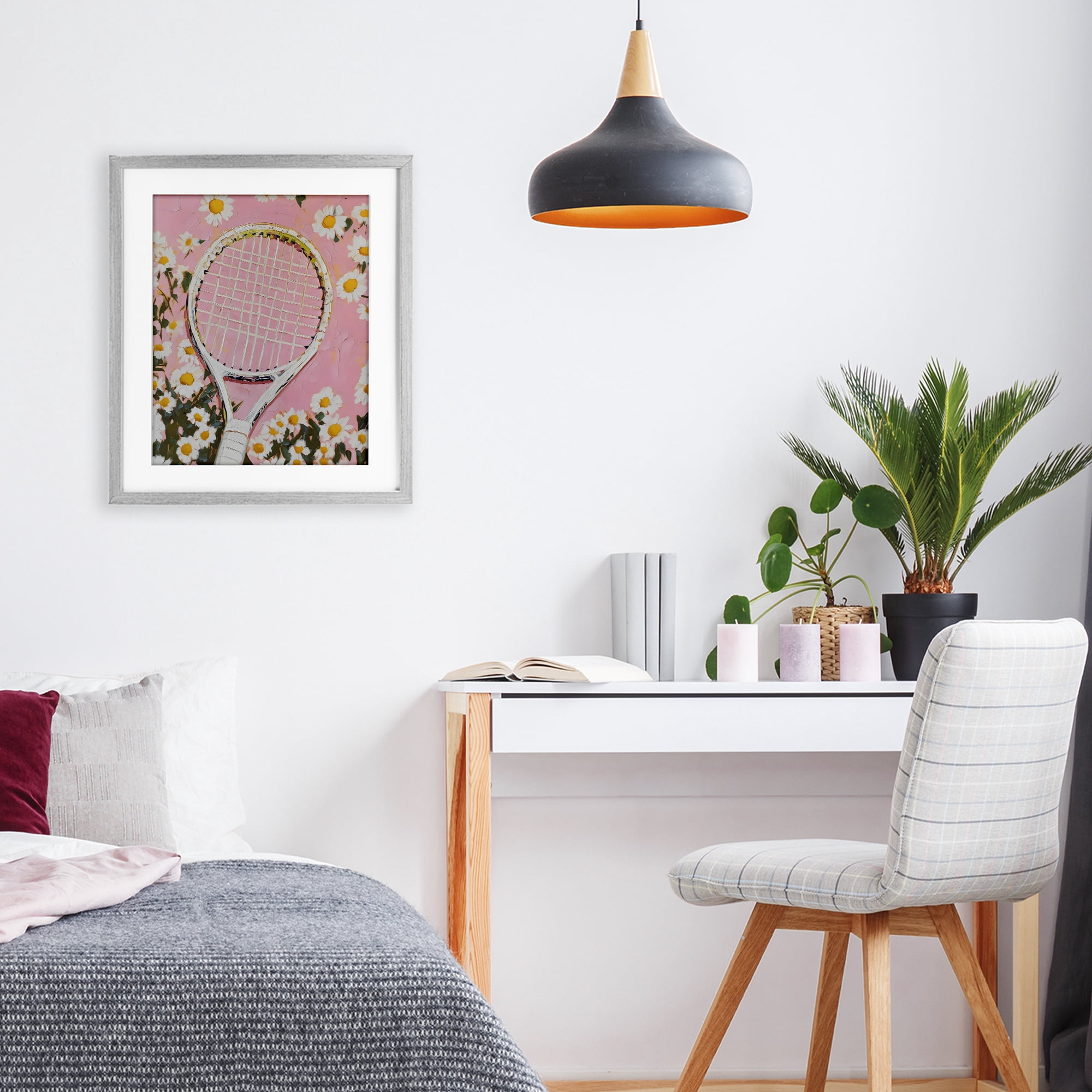Stupell Industries Pink Tennis Racket & Daisies Gray Framed Print Under Glass, design by LSR Design Studio