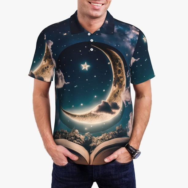 Balery Artistic Starry Sky Moon Book Camisa Polo de Hombre con Estampado, de Manga Corta y Tejido Medio, Camisa Tipo Golf Polo-Medium