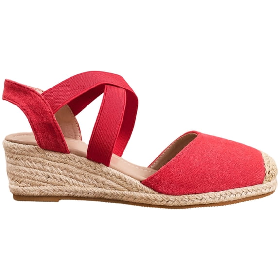 CYMMPU Women's Cross Elastic Strap Closed Toe Espadrille Wedge Sandals, Slingback Summer Casual Shoes Red 39