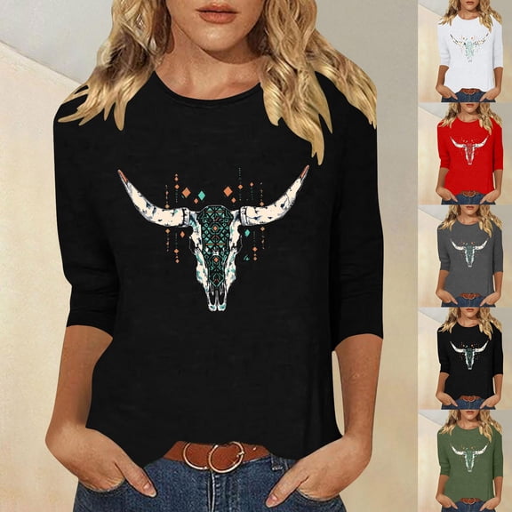 Jsaierl Women's 3/4 Length Sleeve Tops Summer Round Neck Shirts Fashion Print Petite Blouses Soft Elegant Tunic Top S-2XL