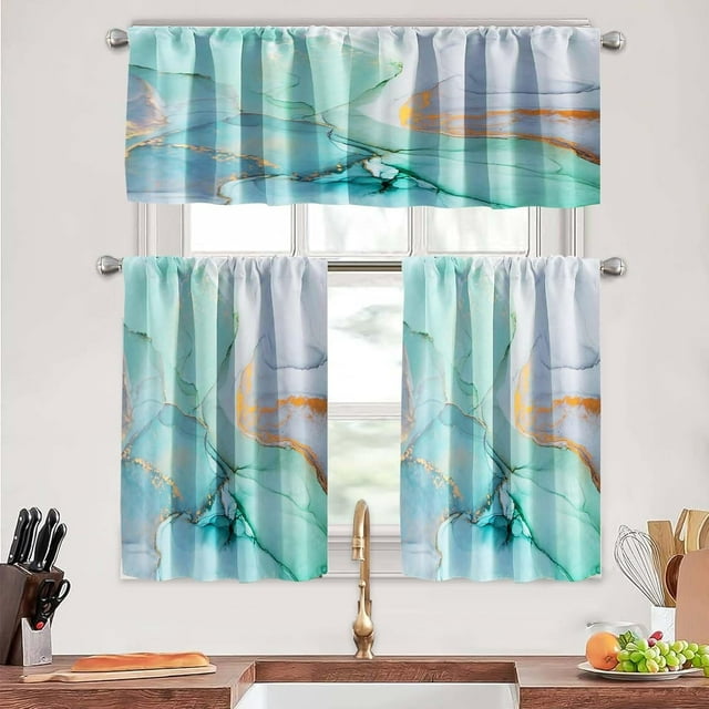 Mint Green Marble Kitchen Curtains Tiers and Valances Set 3 Piece for Windows Colorful Abstract Kitchen Window Curtains Set,Modern Creative Swirl Valances for Living Room(36" Tiers Set)
