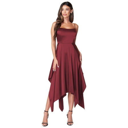 Women's bebe Satin Shark Bite Hem Bow Back Dress Color: Burgundy Size: SMALL