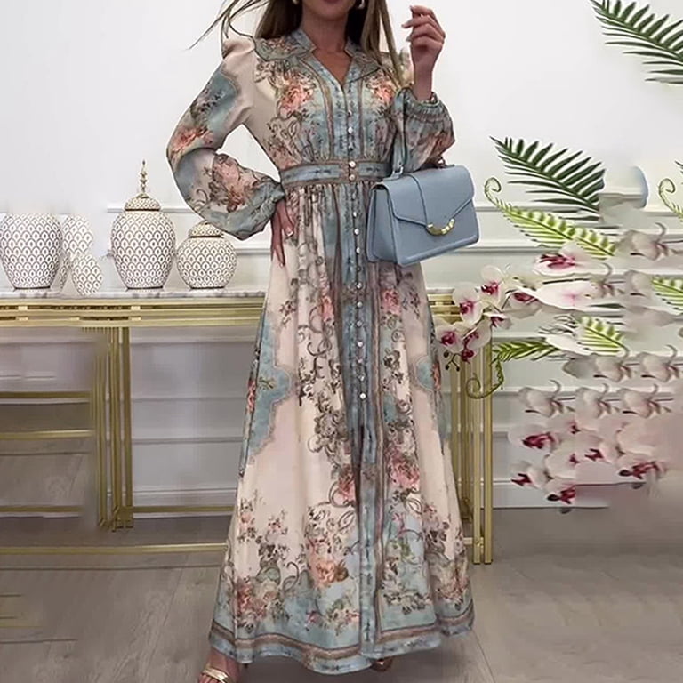 ladies fall maxi dresses Women Maxi Dress, Elastic Waist Flowy Long Ankle Length Short Sleeve Pockets Boho Spring Summer Cute M / White main image 0