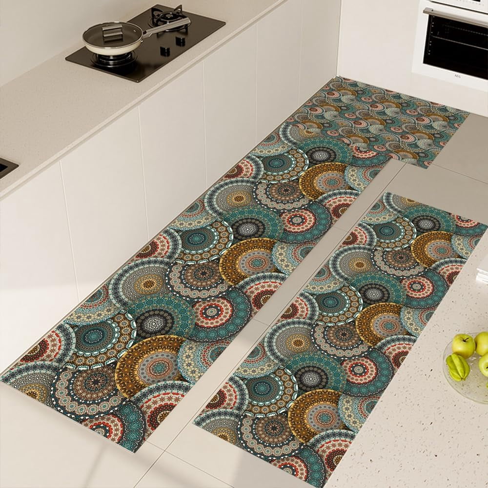 Farmhouse Kitchen Rug Set 3 Piece with Runner Soft Kitchen Floor Mat Colorful Mandala Rugs Absorbent Bath Mat Kitchen Carpets and Rugs Non Slip Washable for Bathroom Entryway Front Door Laundry