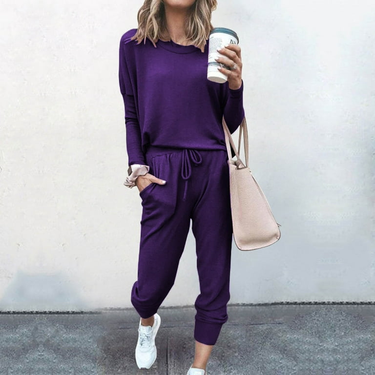 Stamzod Womens Loungewear Set Clearance 2 Piece Sets Loose Top Round Neck  Solid Color Long Sleeve Long Pants Drawstring With Pocket Large Size Womens
