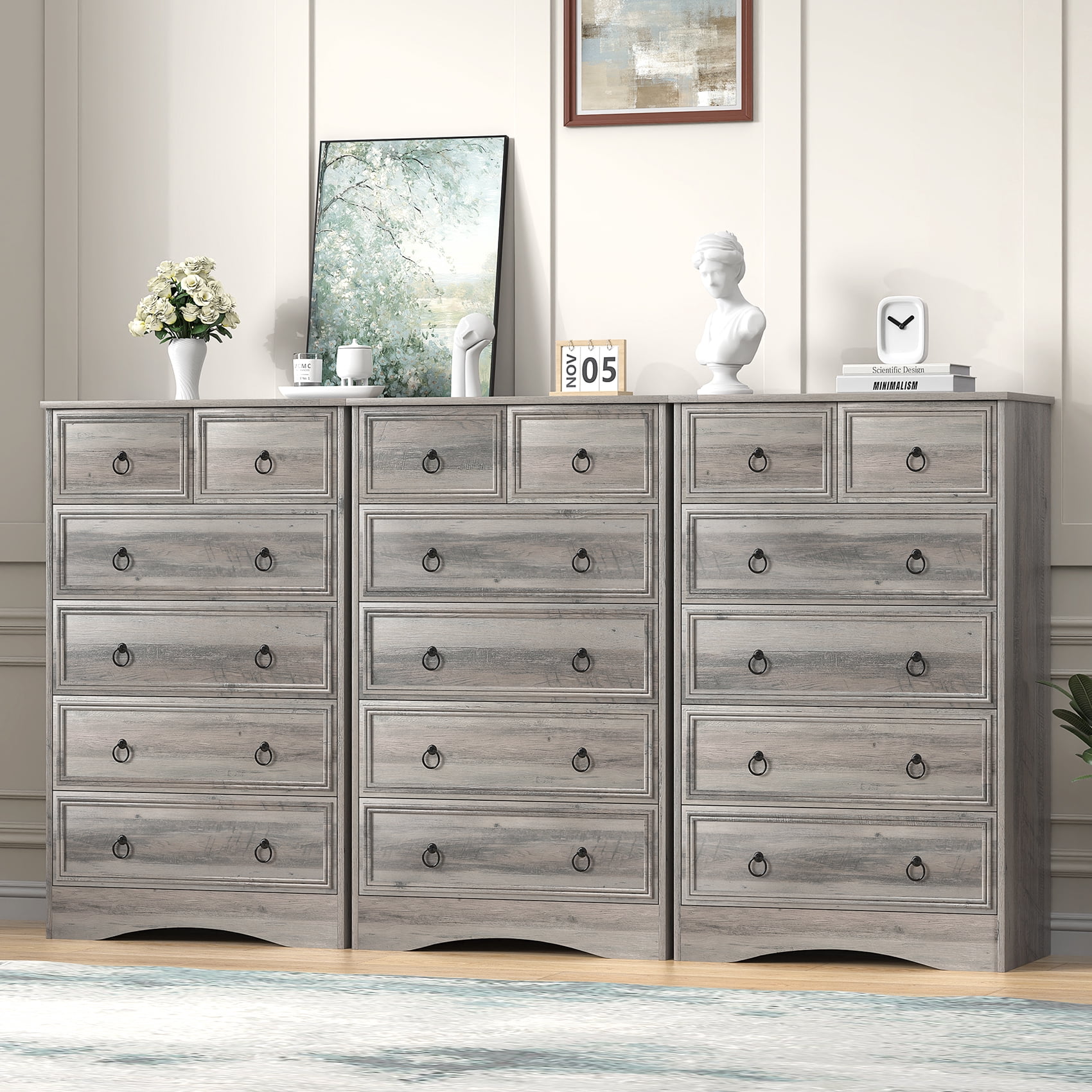 Meteorleg Farmhouse 6 Drawer Dresser, Grey Chest of Drawers, 48" Tall Dressers for Bedroom, Rustic Wood Storage Organizer for Living Room, Hallway, Closet