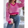 thumbnail image 4 of Women'S Cropped Sweater V-Neck Long Sleeve Crop Sweater Pullover Jumper Knit Top Rose Red M, 4 of 8