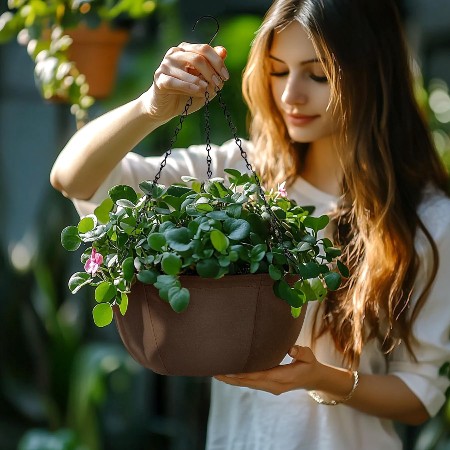 Hanging Planters for Outdoor Plants, 3 Pack 10 Inch Hanging Baskets for Plants Outdoor with Rustproof Chain, Fabric Hanging Pots for Plants, Hanging Planter for Balcony Porch Deco