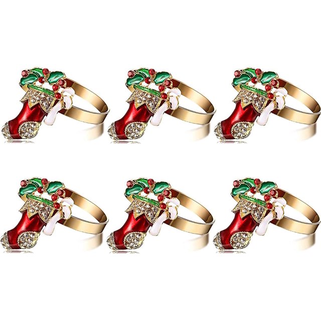 Juego de 6 servilleteros navideños, hebillas para servilletas, soportes para servilleteros para Navidad, Acción de Gracias, decoración de mesa de cena (medias navideñas, dorado)