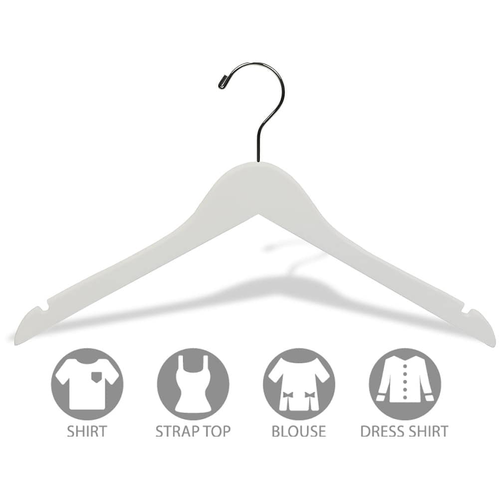 White Wood Top Hanger, Box of 100 Space Saving 17 Inch Flat Wooden Hangers w/ Chrome Swivel Hook & Notches for Shirt Jacket or Dress by International Hanger