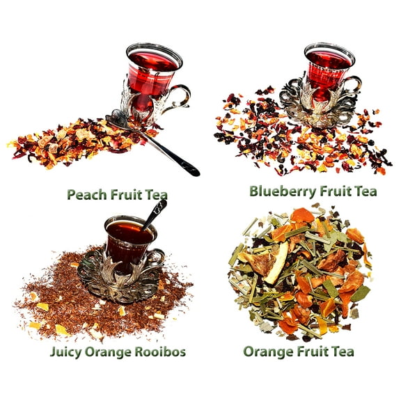 4 Rooibos Tea Samplers, Decaffeinated, Juicy Orange Rooibos, Peach Fruit Tea, Blueberry Fruit Tea, Orange Fruit Tea, Loose Leaf Tea