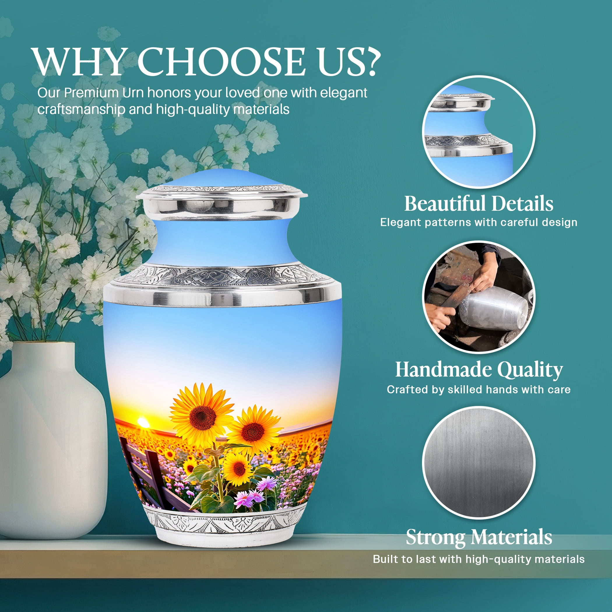 SABURIAL Sunflower Urn - Burial Urns For Adult Human Ashes - 10 Inch - Large With Velvet Bag - Funeral Urn Adult Ash Man & Women - Memorial Burials For Ash - Cremation For Ashes