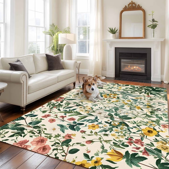 6'x9' Area Rugs, Botanical Print Indoor Outdoor Area Rug for Living Room Bedroom, Vintage Plants Herbs Fruit Flower Washable Bathroom Rugs Kitchen Floor Carpet Mats Home Decor Aesthetic