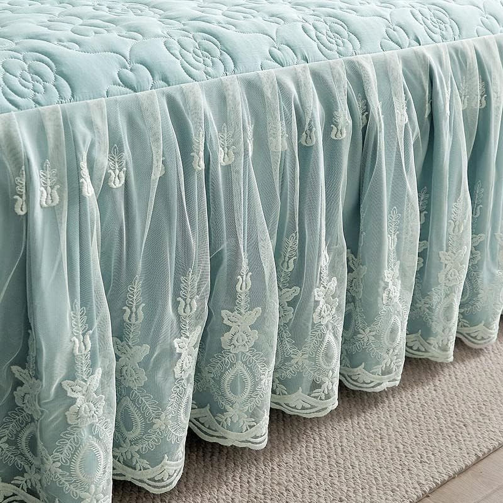 Flower Pattern Quilted Brocade Cotton Bedspread with Lace Ruffled Bed Skirt, Queen Size, Light Turquoise