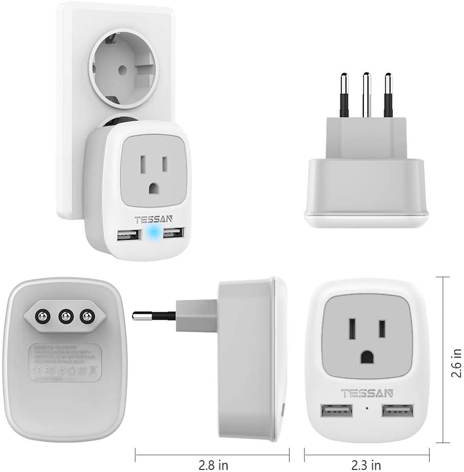 2 Pack Italy Power Adapter,TESSAN Type L Italian Travel Outlet
