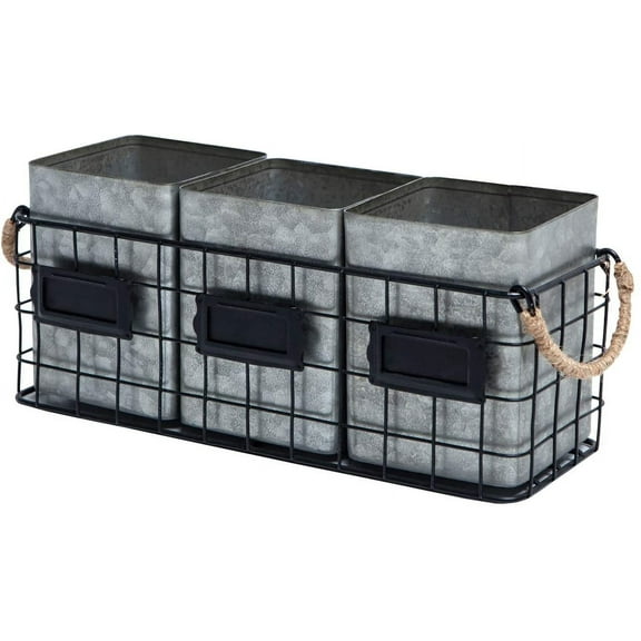 Farmhouse 3 Compartment Galvanized Flatware Cutlery Caddy Countertop Silverware Holder for Spoons, Knives, Forks - Silver