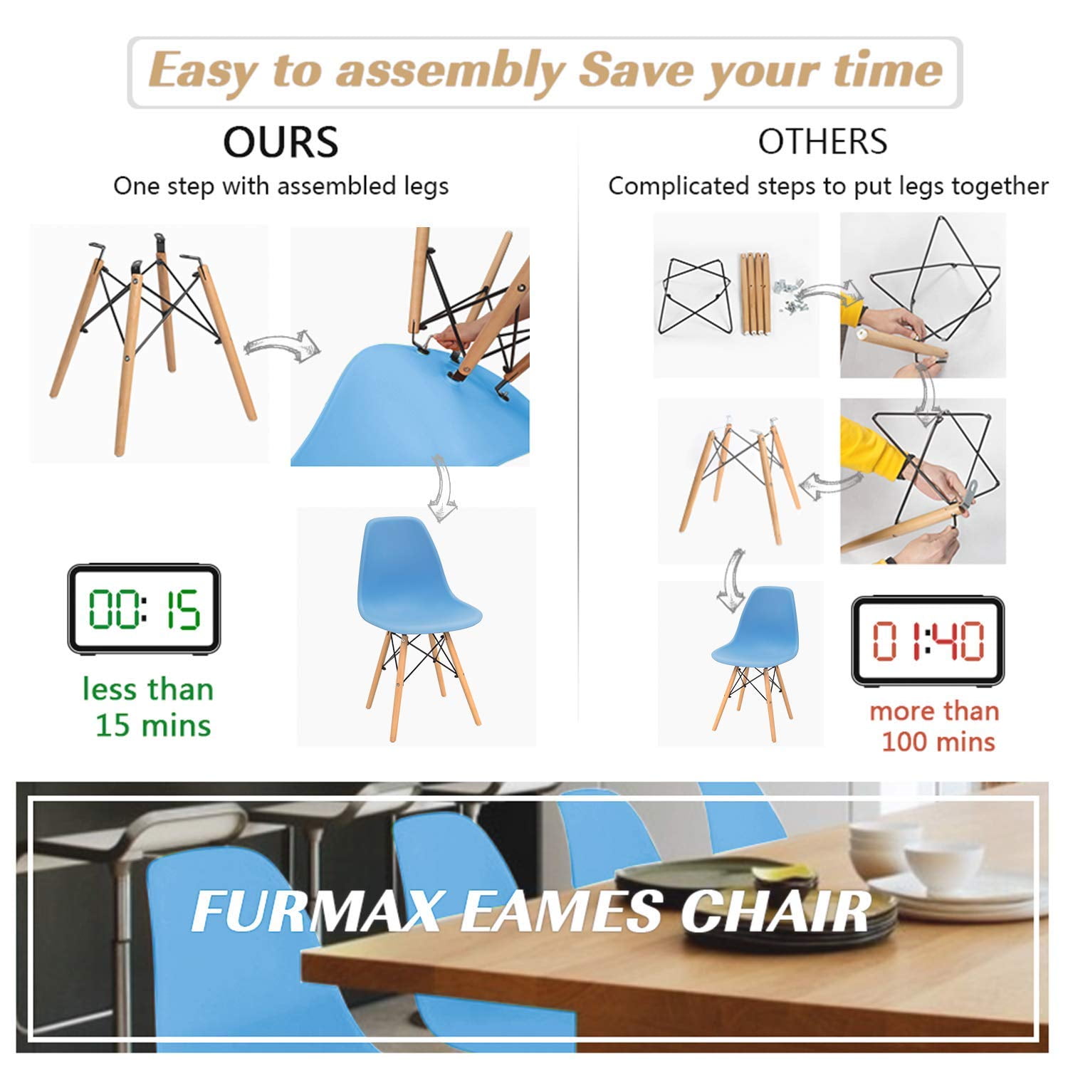 Lacoo Dining Chairs Pre Assembled Modern Style DSW Chair Classic Shell Armless Indoor Kitchen Dining Living Room Side Chairs Set of 4 (Blue)