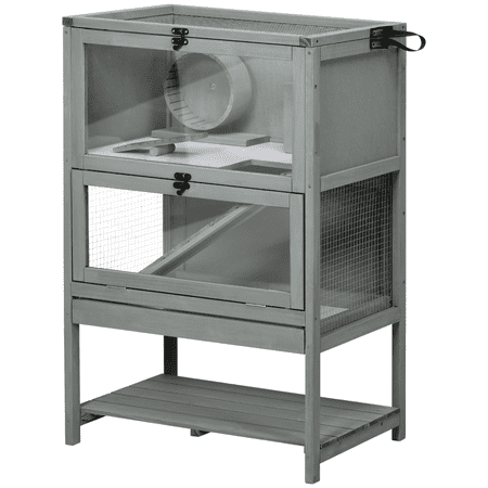 Hamster Cage Wooden Large with Storage, Rat Mouse Habitat with Seesaw & Wheel - 35.5" Pet Cage