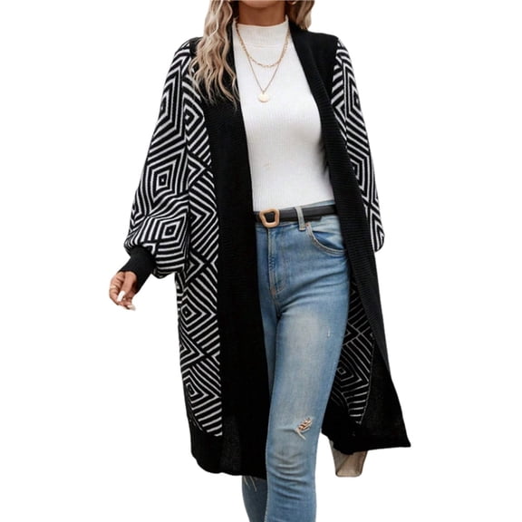Women's Trendy Argyle Striped Knit Cardigan Open Front Long Sleeves Mid Long Sweater Coat Black XL