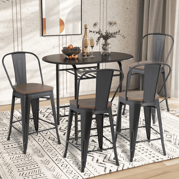 MoNiBloom Modern Metal Dining Chairs Set of 4, Stackable Metal Chairs with Wooden Seat, Black