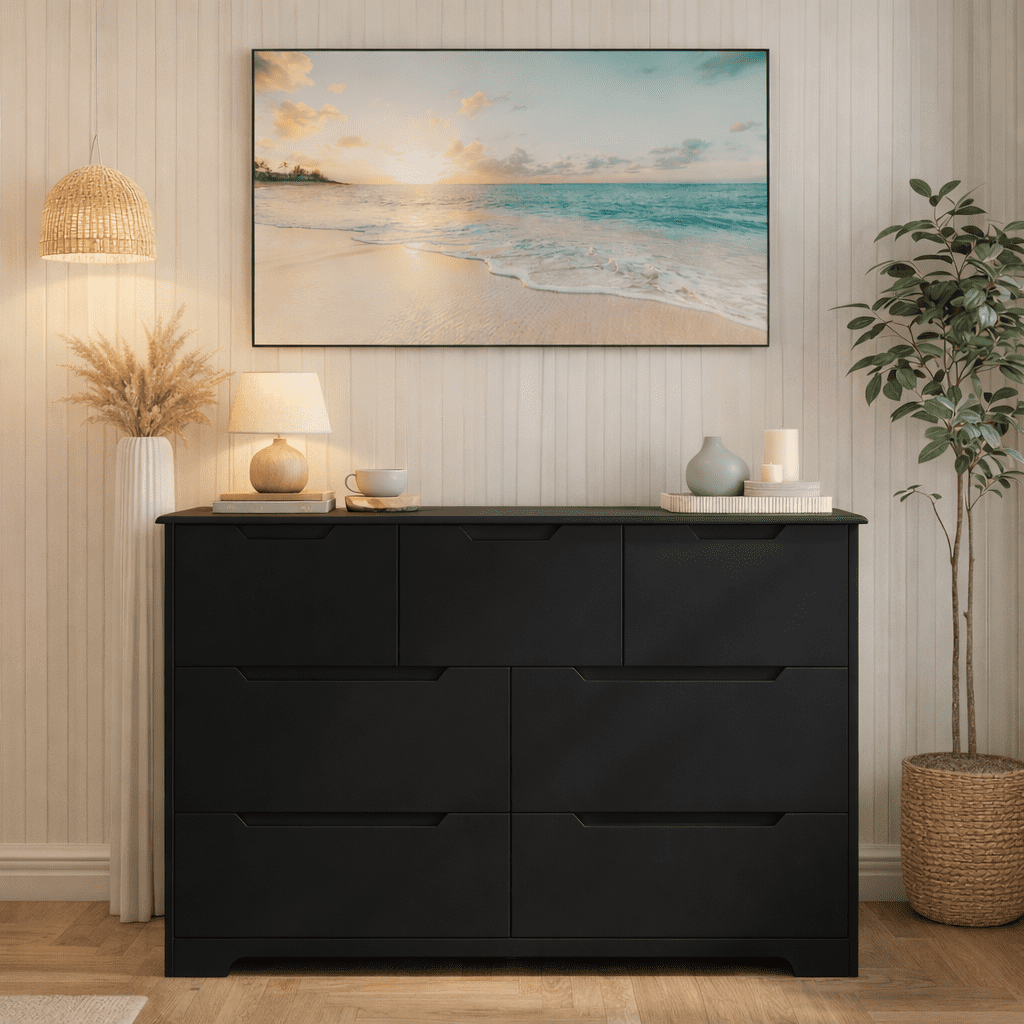7 Drawers Dresser, 47" Wide Chest of Drawers with Handle Free Design, Modern Storage Organizer with Metal Handles, for Bedroom, Living Room, Hallway, Office, Entryway, Black