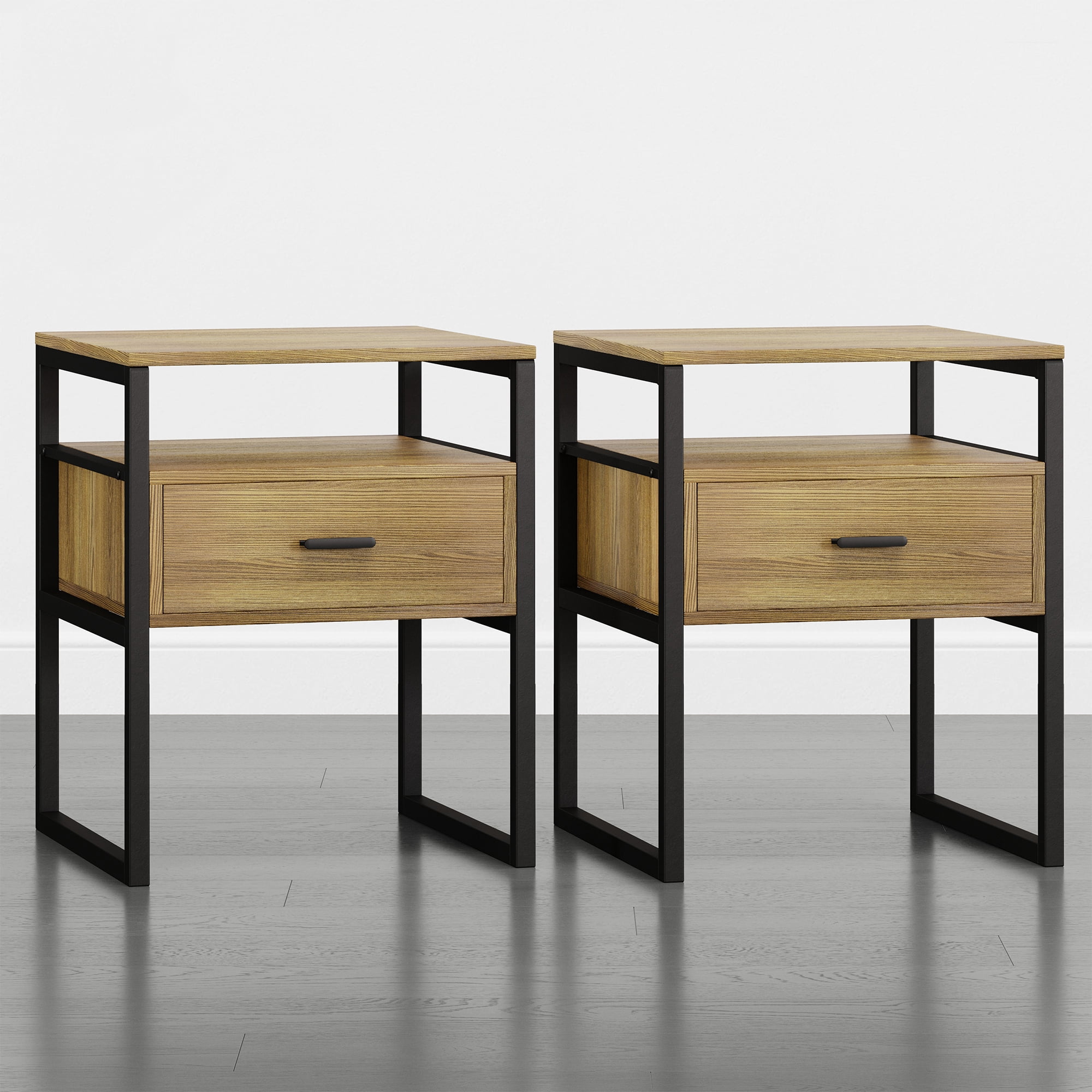 Spruce & Spring Industrial Nightstands Set of 2, End Tables with Metal Frame Base for Bedroom, Natural