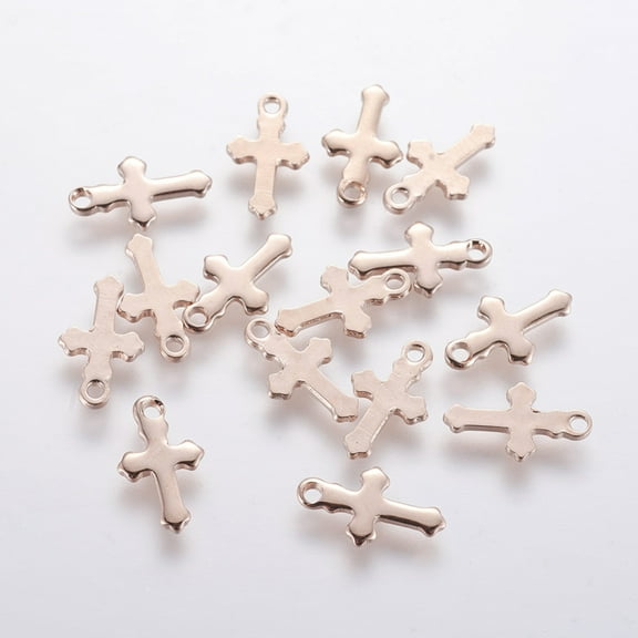 100 pc 304 Stainless Steel Tiny Cross Charms Rose Gold 12x7x0.8mm Hole: 1.2mm