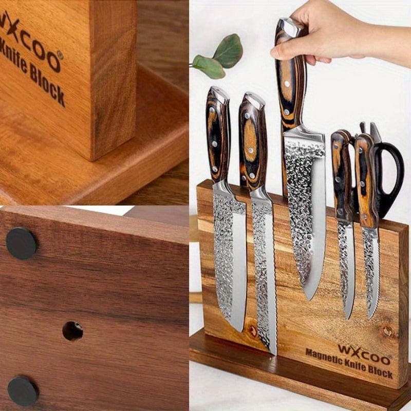7PCS Professional Stainless Steel Kitchen Chef Knife Set With Double-sided Wooden Magnetic Knife Block Holder No Drilling Multipurpose Utility Boning Fish Cutting Knife for Home Kitchen Convenience
