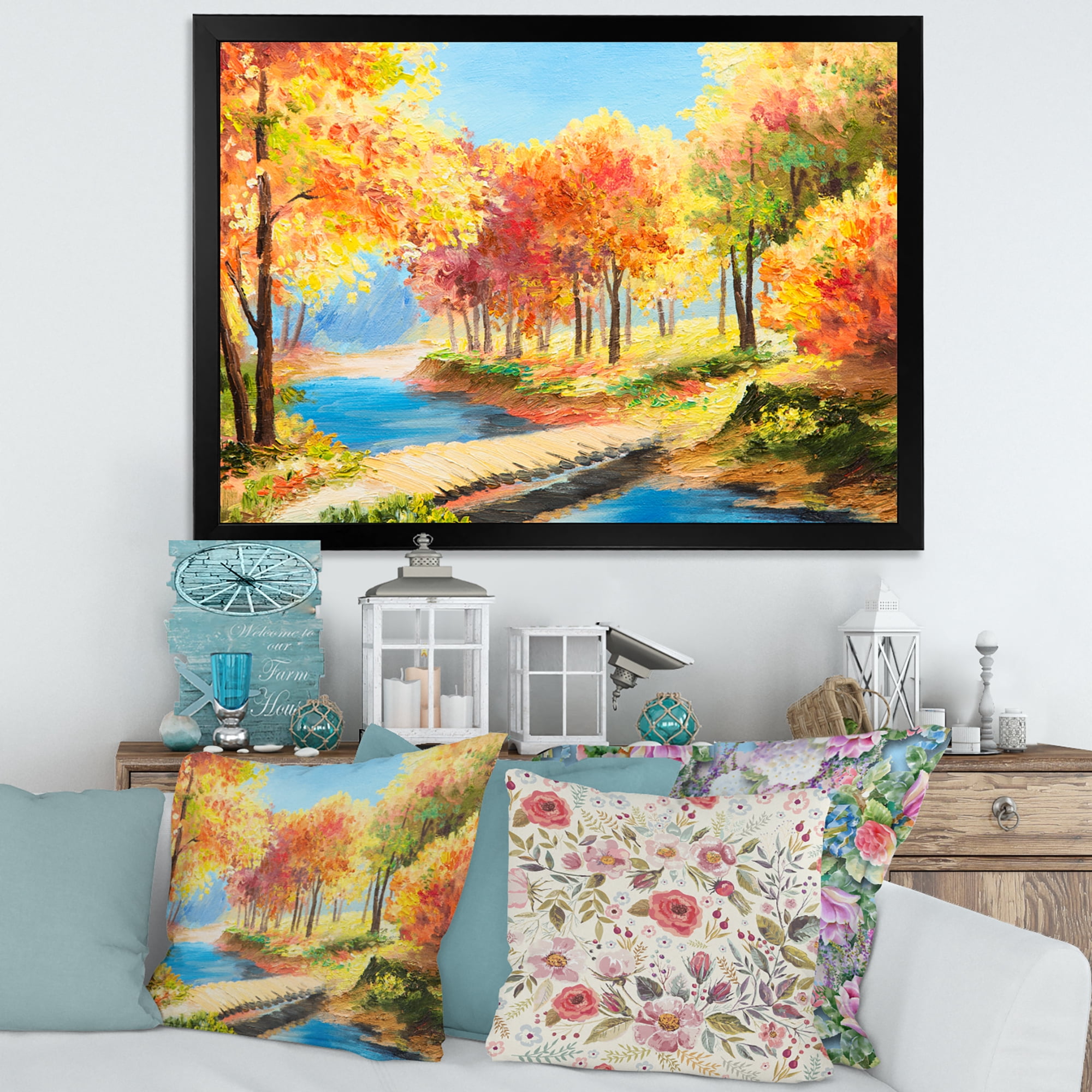 Designart 'Orange and Yellow Trees By The Riverside' Lake House Framed Art Print