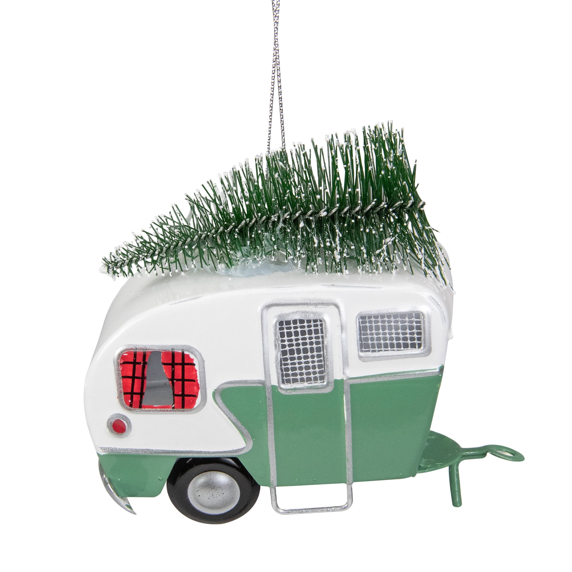 Christmas Ornament Handmade Camper RV Travel Trailer w/ Christmas Tree on top 