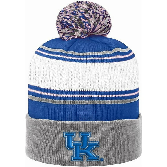 Brand New Collegiate Men's Kentucky Striped Cuffed Knit Winter Pom Beanie Hat, 100% Cotton, Embroidered Logos, Official School Colors