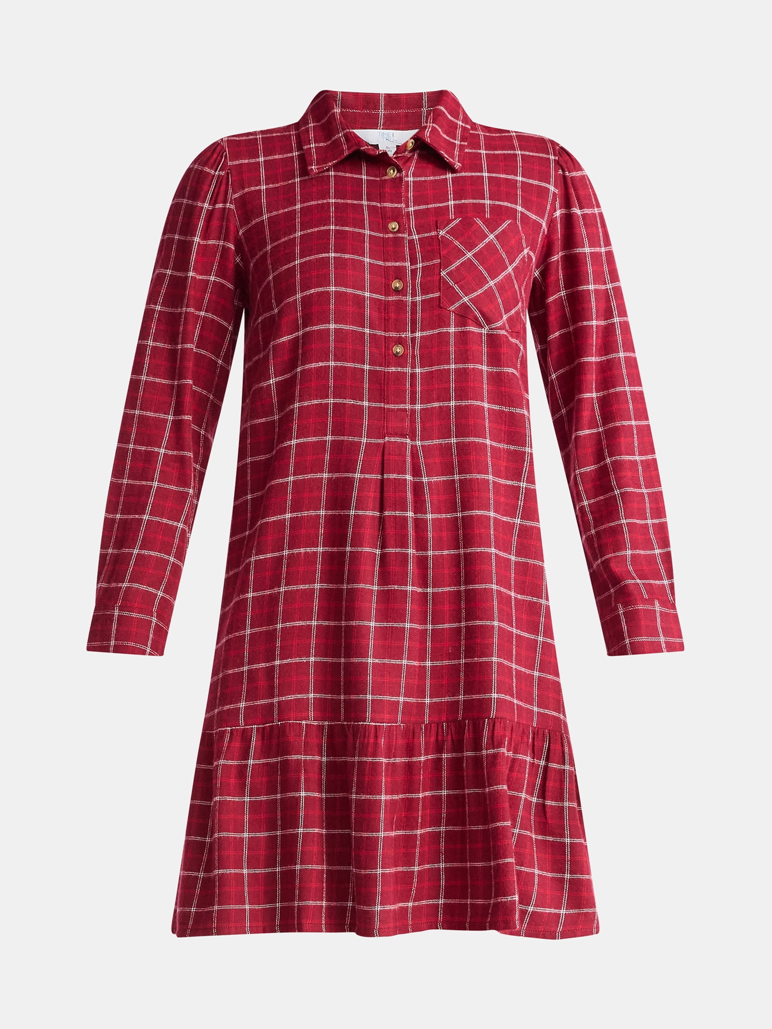 Time and Tru Women's Plaid Mini Dress with Long Sleeves, Sizes XS-XXXL